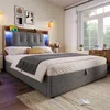 Polsterbett mit LED-Beleuchtung und Stauraum, 90x200 cm, Kopfteil gepolstert, Typ-C, USB, Einzelbett, Leinen Bild 3