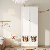 Merax 200cm Kinderkleiderschrank mit Bügelstange, mit Katzenbett, Lackierte Platten + Spanplatte, bunte Keramikgriffen, Weiß + Naturholzfarbe Bild 2