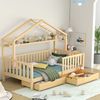 Kinderbett in Holzfarbe,Kinderbett Hausbett mit Schubladen,Massivholz mit Lattenrost, Kiefernholz Hausbett , Kinder und Jugendzimmer,90x200,Natur Bild 1