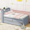 Einzelbett Massivholzbett Kiefer 90x190 Multifunktionales mit ausziehbarer Schublade Lattenrost, Nachttisch mit Ablagen mit USB-Buchse Jugendbett Gästebett Grau Bild 5