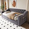 Merax Einzelbett Polsterbett Schlafsofa 90*190 cm, mit USB-Ladeanschluss, Integrierte Ablage in den Armlehnen, Mit Ablagetaschen, Mit Aufbewahrungsschublade, Samtstoff, Dunkelgrau Bild 2
