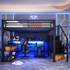 MODFU Hochbett integriertem Schreibtisch, LED-Beleuchtung und Ablagefach (Metallbett Jugendbett, Stauraumtreppe & Sicherheitsgeländer, 140x200 cm Funktionsbett) ohne Matratze Bild 3