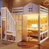 Bett 140x200 cm Hochbett mit LED-Beleuchtung und Stauraum, Weiß/Natur mit Gaze und Ablageleiter Bild 3