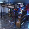 Hochbett aus Metall/MDF mit Schreibtisch, LED-Lichtleiste, Ablagefächern, 140x200 cm, Schwarz, ohne Matratze Bild 3