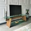 Dmora Fernsehschrank Amorosi, Ständer für Wohnzimmerfernseher, Niedriges Wohnzimmer-Sideboard, TV-Ständerbasis, 158x40h45 cm, Walnuss und Grün Bild 4
