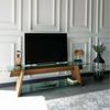 Dmora Fernsehschrank Amorosi, Ständer für Wohnzimmerfernseher, Niedriges Wohnzimmer-Sideboard, TV-Ständerbasis, 158x40h45 cm, Walnuss und Grün Bild 5