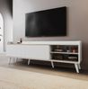Stilvoller TV-Schrank mit zwei Schubladen und gestreiften Schiebetüren in Weiß và Holzoptik, H58/L160/T40 cm, 160x40x58cm, Weiß+Holz Bild 2