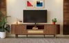 TV-Schrank 175x36x51 cm in Walnuss, geschwungenes Design, Türen, offene Ablage und Schubladen Bild 4