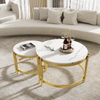 Merax Moduliertes Couchtisch-Set, Marmoroptik, goldener Metallrahmen, runde Tische in zwei Größen , Weiß+Gold Bild 3