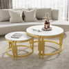 Merax Moduliertes Couchtisch-Set, Marmoroptik, goldener Metallrahmen, runde Tische in zwei Größen , Weiß+Gold Bild 2
