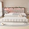 Polsterbett Schlafsofa, Ausziehbett, LED-Beleuchtung, Ablagefächer Kopf- und Fußende, USB-/Typ-C-Anschlüsse, Einzelschlafsofa, Samtstoff, Beige, 90×200 cm Bild 4