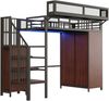 Hochbett, Metall-Holz mit Kleiderschrank, LED & Stauraumleiter, 90x200 cm, Schwarz, ohne Matratze Bild 5
