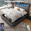 Polsterbett 160x200cm mit LED-Beleuchtung und USB-Steckdose, Kopfteil mit Einlegeböden und Stauraum, Mit Hydraulik für die Lagerung, Erwachsenenbett Doppelt, Leinenstoff Grau Bild 2