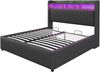 Polsterbett 160x200cm mit LED-Beleuchtung und USB-Steckdose, Kopfteil mit Einlegeböden und Stauraum, Mit Hydraulik für die Lagerung, Erwachsenenbett Doppelt, Leinenstoff Grau Bild 5