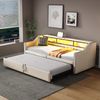 Polsterbett Ausziehbett 90/180x200 cm mit Lattenrost, USB, LED und Ablagefächern, Beige, ohne Matratze Bild 2