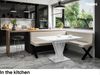 MEBLINI Eckbank für Esszimmer mit ausziehbarem Tisch - Küchenbank - Essecke - Sitzecke Küche - ERIC - X-Beine 128x168x87cm Rechts - Beige Kunstleder/M Weiß-Schwarz Hochgl. Bild 2