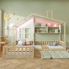 Kinderbett 90x200 cm (140x70 cm) Mit Fenster Regalen, LED-Lichtband, Raumhoher Massivholz-Bettkasten Mit Sicherheitsgitter und Lattenrost, Holzfarbe Bild 2