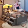 Kinderbett 90 x 200 cm, Mit Sicherheitsgitter,Mit vier Schubladenlager,mit Schritten,mit LED-Leuchten,mit USB- und Typ-C-Ladeanschlüssen, Massivholzbett mit Lattenrost, Einzelbett, Grau Bild 2