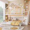 Etagenbett,90x200cm+140x200cm, Hausdesignx Fenstergestaltun,Ablageleiter, Betten in verschiedenen Gr??en, Ohne Matratze, Wei?+ Natur Bild 2