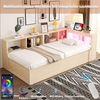 Merax Einzelbett, Kinderbett, Jugendbett, Schlafsofa 90 × 200 cm, Ausgestattet Mit Einer Euro-Steckdose Und Mehreren Staufächern, Mit Mehrfarbigen LED-Lichtleisten, Hydraulischem Bettmechanismus, Massivholzbett, Holzfarbe Bild 5