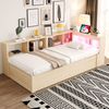 Merax Einzelbett, Kinderbett, Jugendbett, Schlafsofa 90 × 200 cm, Ausgestattet Mit Einer Euro-Steckdose Und Mehreren Staufächern, Mit Mehrfarbigen LED-Lichtleisten, Hydraulischem Bettmechanismus, Massivholzbett, Holzfarbe Bild 2