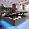 Merax Polsterbett, 140 × 200 cm Doppelbett, mit LED-Lichtleiste, hydraulischer Stauraum, Staufächer, schwebendes Design, USB- und Typ-C-Anschlüsse, Leinen, Grau Bild 3