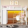 Hochbett, Einzelbett(Ohne Matratze), Kinderbett, mit LED-Leuchten, mit Kleiderschrank, mit Ablageschublade, EN747 zertifiziert, Kiefernholz, 90x200cm, Weiß Bild 2