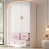 Merax 2-türiger Kleiderschrank, 2-türiger Schrank, Schlafzimmermöbel, Kinderkleiderschrank, rosa Kleiderschrank, mit Kleiderstange und 3 Schubladen, 80×48×180 cm, zweifarbig Weiß und Rosa Bild 3