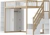 Hochbett 90x200 cm aus Holzmaterial mit Stauraum, Sicherheitsleiter, Regalen und Kleiderschrank in Weiß/Naturholz, ohne Matratze Bild 4