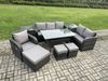 Fimous 9 Teil Garten Rattanmöbel Esstisch Sofa Set mit Liegestuhln 2 Beistelltischen 3 Fußhockern Dunkelgrau gemischt Bild 2