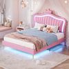 Polsterbett 140x200 cm mit LED-Beleuchtung und Krönchen-Kopfteil – gepolstertes Kinderbett in Pink Bild 3