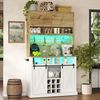Merax 191 cm Küchenschrank, Hochschrank mit LED, Steckdose, Klapptür, Haken, Weinregal und Vitrine für Küche & Esszimmer, Natur + Weiß Bild 3