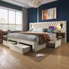 Bettanlage Schlafzimmer Komplett Set, Polsterbett Doppelbett 180×200 cm mit 2 Nachttischen und 4 Schubladen, Kopfteil Leselicht mit USB Ladefunktion, Beige, Samt (Ohne Matratze) Bild 1