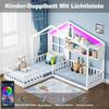 Kinderbett 90x200 cm (140x70 cm) Mit Fenster Regalen, LED-Lichtband, Raumhoher Massivholz-Bettkasten Mit Sicherheitsgitter und Lattenrost, Weiß Bild 4
