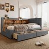 Daybett, Mit 2 Schubladen, USB + Typ C, mehreren Ablagefächern, Bett mit Lattenrost (ohne Matratze), Leinen, Grau, 90×200 cm Bild 5