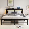 Flieks Doppelbett 140 x 190cm mit LED & USB-Ladestation, Metallbett mit hölzernem Kopfteil & Unterbett-Stauraum, Schwarz Bild 2