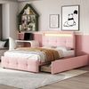 Polsterbett 90*200cm mit LED-Leuchten, 2 Schubladen, hautfreundlicher Leinenpolsterung flach Einzelbett Kinderbett Jugendbett Gästebett (Rosa) Bild 2