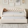 Beiges Schlafsofa 90x200 cm Mit USB Ladeanschluss Und Ausziehbett Leinenbezug Multifunktionsmöbel 2-in-1 Design Sofabett Bild 3