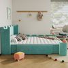 Merax Kinderbett Polsterbett 140x200cm Doppelbett, klappbarer Seitenablage, Stauraum Schublade, Burg-Deisign, Weiche Antikonllisions-Katen, Französischer Samt, Blaugrün Bild 3