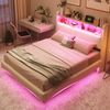 Merax Polsterbett 140*200 aus Leinenstoff, Abgehängtes Design, multifunktionales Stauraumbett mit LED-Licht, USB- und TYPE-C-Schnittstelle Beige Bild 3