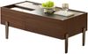 Moderner Couchtisch mit Schubladen & Glasplatte – Dunkelbraunes Holzdesign, Holzmaserung in Marmoptik, Metallbeine & viel Stauraum für Wohnzimmer Bild 5