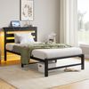 Flieks Einzelbett 90 x 200cm mit LED & USB-Ladestation, Metallbett mit hölzernem Kopfteil & Unterbett-Stauraum, Schwarz Bild 2