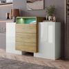 Merax Sideboard, Moderner Kommode, Schrank 140cm, Hochglanz-Weiß und Holzfarbe, Mehrfarbige LED-Lichteffekte Bild 4