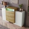Merax Sideboard, Moderner Kommode, Schrank 140cm, Hochglanz-Weiß und Holzfarbe, Mehrfarbige LED-Lichteffekte Bild 2