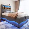 Kinderbett 90x200 cm mit LED, USB & Hydraulik-Stauraum, ohne Matratze, Leinen Grau Bild 3