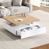 Couchtisch 70 x 70 x 36 cm, 360° drehbar, mit Schublade, Spanplatte in Walnussoptik/Weiß Hochglanz Bild 2