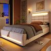 Polsterbett 90x200 cm Leinen mit APP LED Beleuchtung USB Steckdose Hydraulik Stauraum Kopfteil Einzelbett Beige Bild 5
