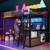 Merax Kinderbett 140 x 200 cm Jugendbett, Metall-Gaming-Hochbett mit integriertem Arbeitsplatz, LED-Beleuchtung und viel Stauraum, Schwarz Bild 2
