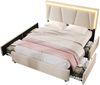 Polsterbett 160×200 cm aus Leinen-Stoff mit LED-Beleuchtung und vier Schubladen, beige Bild 5