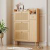 Schuhschrank mit Rattan, 3 Kipptüren + Schublade, Massivholzbeine, B90xT17xH125 cm Bild 2